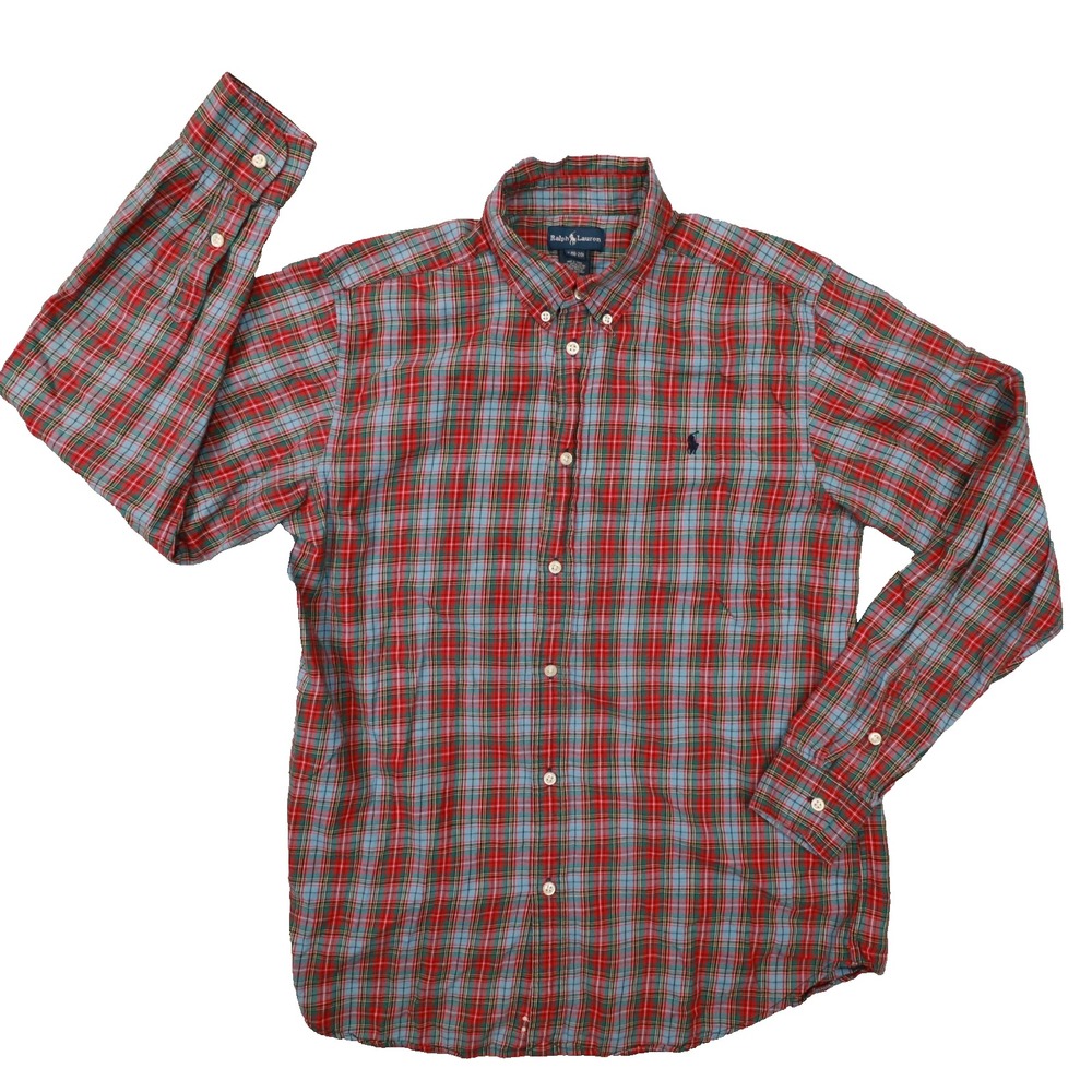 Ralph Lauren Boy's Red Blue Plaid Long Sleeve Button Up Shirt size XL 18-20